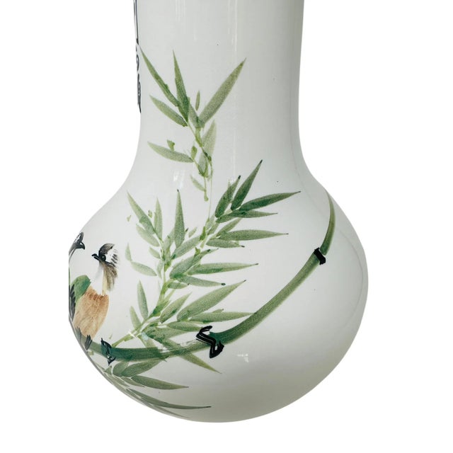 Ceramic Vintage Hand-Painted Famille Rose Porcelain Vase With Bird , Floral, and Bamboo Motif, Made in Taiwan For Sale - Image 7 of 12