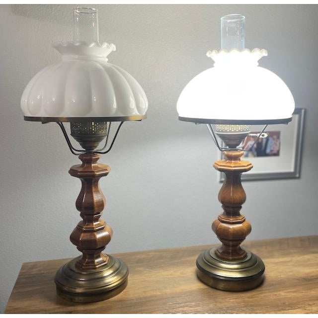 American Vintage Pair of Colonial Style Walnut & Brass Table Lamps With Milk Glass Shades For Sale - Image 3 of 8