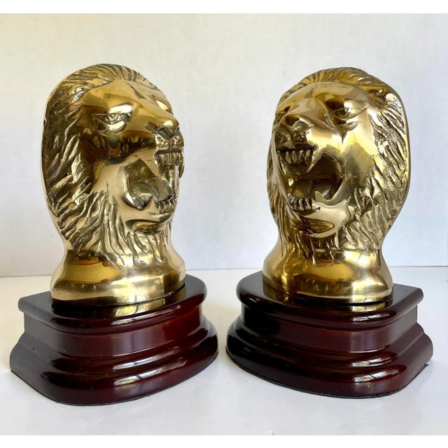 Brass Vintage Brass and Rosewood Lion Bookends For Sale - Image 8 of 13