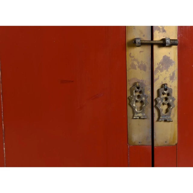 Ornately Carved Asian Modern Red Lacquer Gilt Gold Armoire With Brass Hardware For Sale - Image 13 of 14