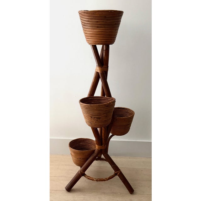 Italian Circa 1965 Italian Bamboo and Rattan Plant Stand For Sale - Image 3 of 16