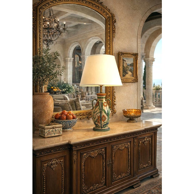 Offering a one-of-a-kind Italian Majolica terracotta table lamp by San Zeno Pottery, circa 1930s. This rare unique faience...