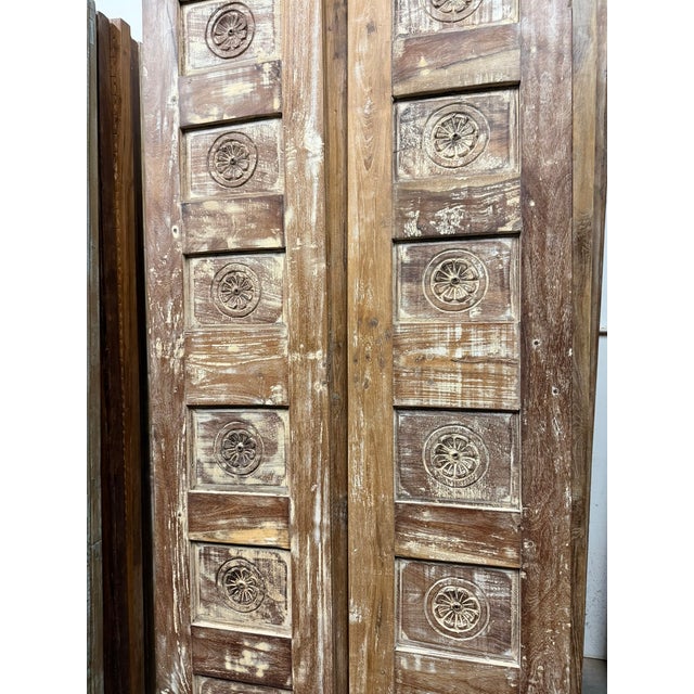 Mid-Century Modern Vintage Carved Wood Closet Doors | Brown Floral Reclaimed Double Door, Rustic Indian Architectural Panels 80x28 For Sale - Image 3 of 7