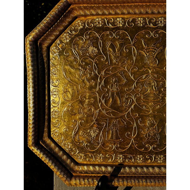 Vintage South India Elongated Octagonal 19.5” Brass Serving Tray With Etched Ethnic, Folklore, Mythological Accents For Sale - Image 4 of 10
