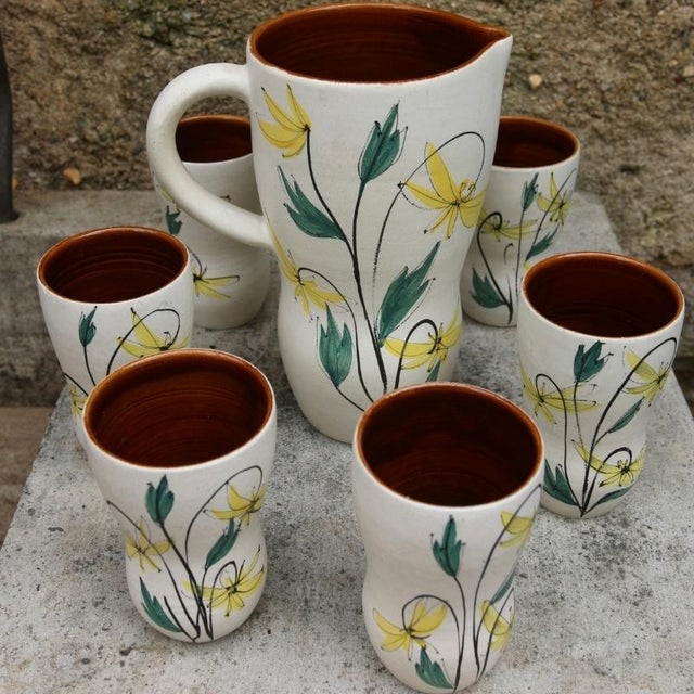 Mid-Century Modern Floral Decor Ceramic Orangeade and Coffee Set, France, 1950s, Set of 7 For Sale - Image 3 of 11