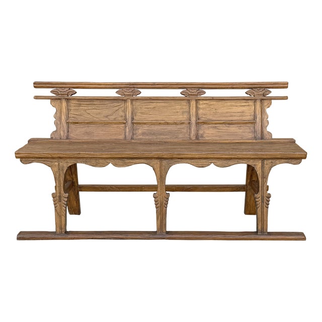 Vintage Rustic Raw Wood Long Sitting Bench With Back For Sale