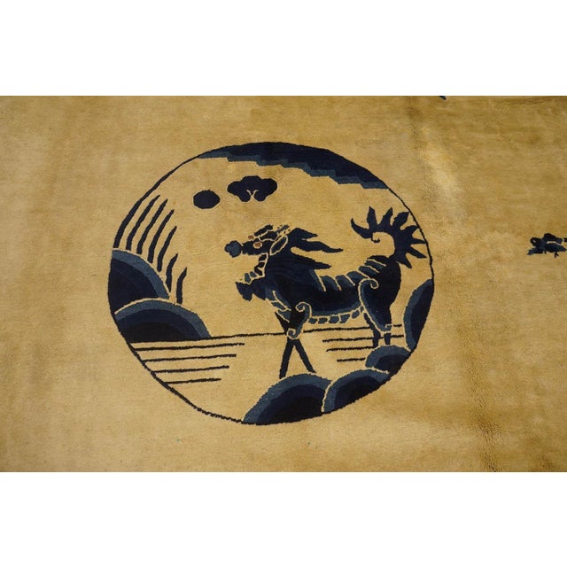 Wonderful Beige Background Color With a Dog in the Centre Chinoiserie Pattern Antique Chinese Peking Rug For Sale - Image 4 of 5