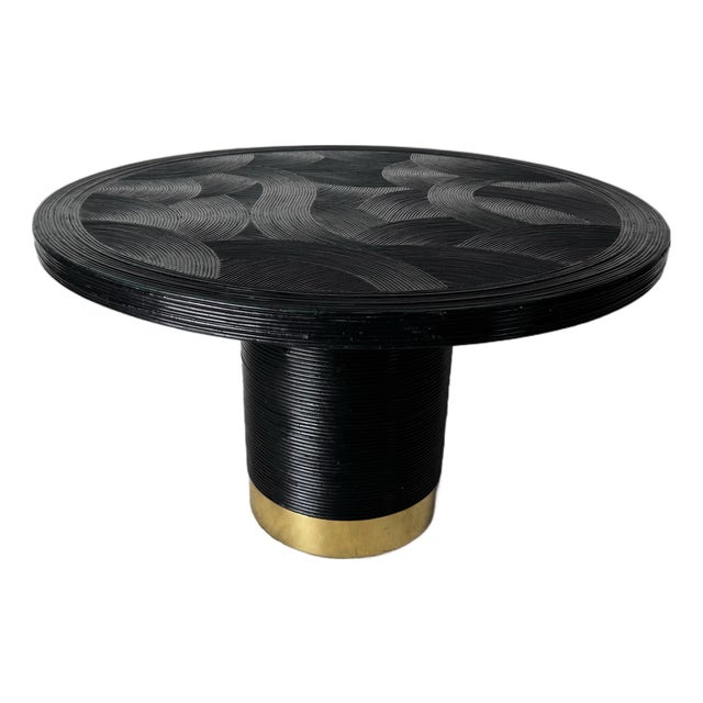 1970s Gabriella Crespi–Style Black Painted Pencil Reed Rattan Round Dining Table With Brass Base For Sale