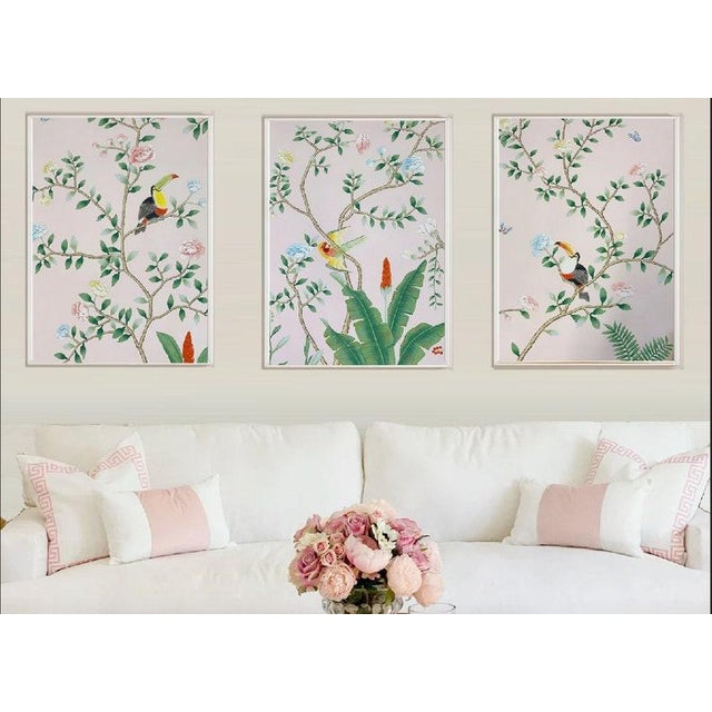 Pink silk wallpaper, list price for a set of 3 chinoiserie silk wallpaper , no frame Unframed Panel size: W28" *H40" /...