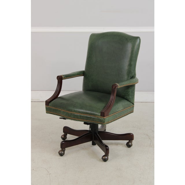 Traditional Vintage Green Leather Mahogany Swivel Desk Chair For Sale - Image 3 of 13