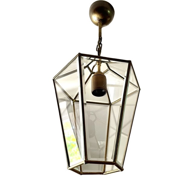 Brass Lantern Pendant Light with Glass, 1970 For Sale