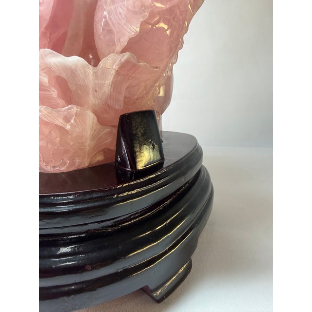 Vintage Chinese Carved Rose Quartz Koi Fish & Lotus Sculpture on Wood Stand For Sale - Image 9 of 11