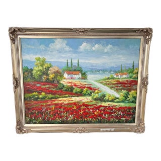 Late 20th Century Large Italian Countryside Landscape Oil Painting Signed For Sale