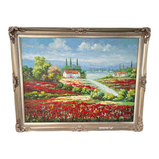Late 20th Century Large Italian Countryside Landscape Oil Painting Signed For Sale
