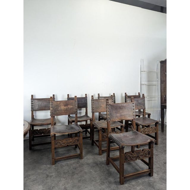 Gothic Chairs in Oak and Studded Leather, Set of 8 For Sale - Image 13 of 14