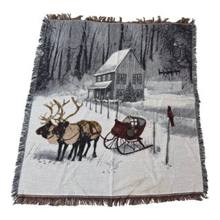 Vintage Winter Reindeer & Sleigh Woven Tapestry Throw With Fringe For Sale