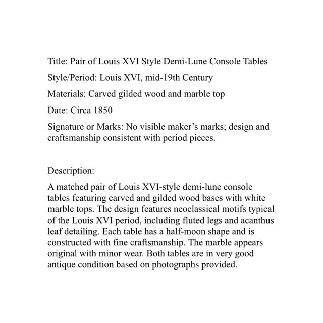 Gold Mid-19th Century Pair of Louis XVI Demi-Lune Console Tables For Sale - Image 8 of 8
