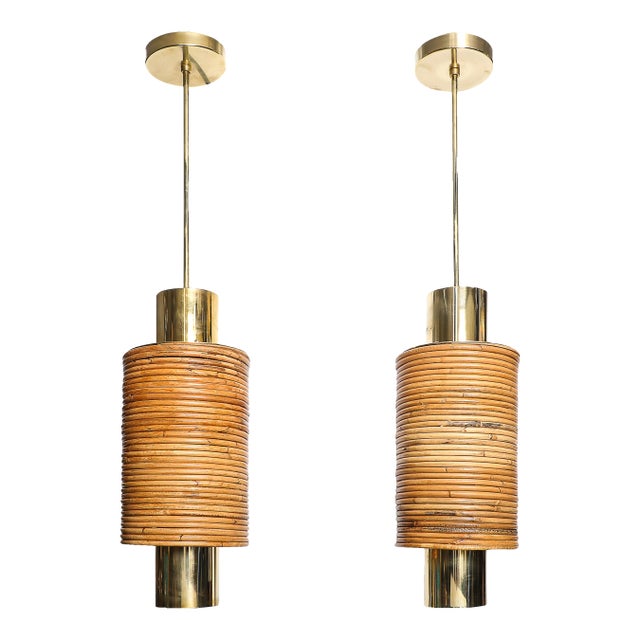 Mid-Century Tiered Cylindrical Pendants in Wrapped Rattan and Polished Brass For Sale