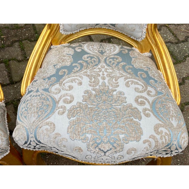 1950s French Louis XVI Gold Beech Damask Side Chairs - Pair For Sale - Image 4 of 9