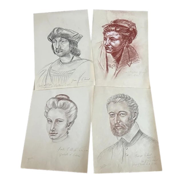 Mid 20th Century Old Master Artwork Drawings Portrait Sketches, Set of Four For Sale