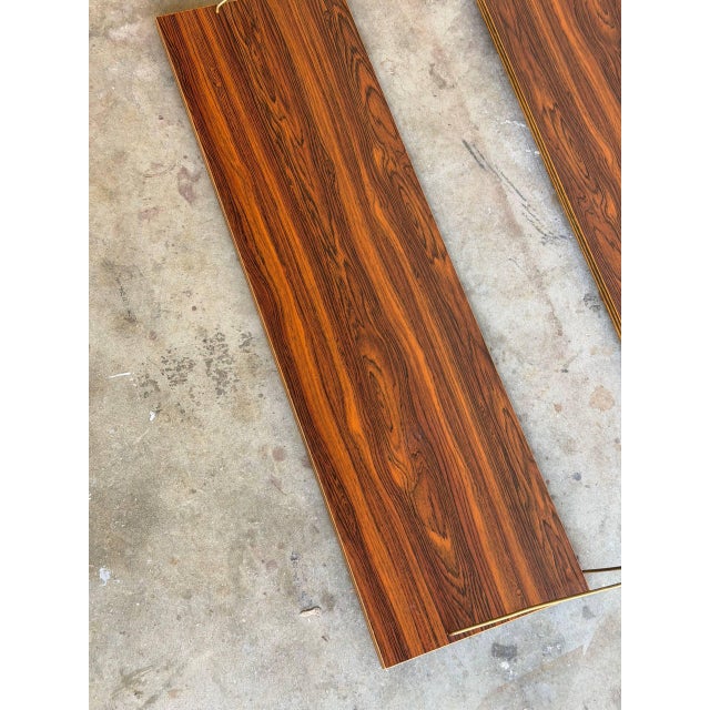 Brown Pair of Danish Mid-Century Rosewood Floating Shelves W/ Brass Brackets – 1960s Modern Wall Shelving For Sale - Image 8 of 10