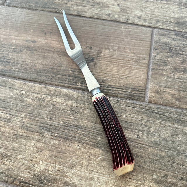 Vintage Stainless Steel Faux Bone Handle Serving Fork 1960's For Sale - Image 4 of 9