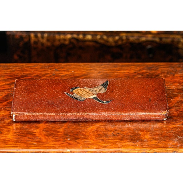 Neat Antique Pigskin Leather Reptile Skin Inset Duck Hunting Theme Cigarette Case Trinket Box For Sale - Image 11 of 13