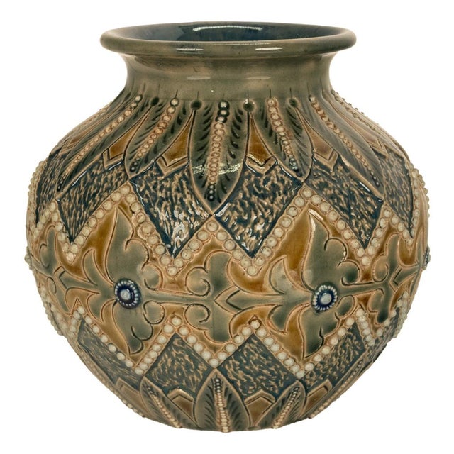 Olive Antique Aesthetic Movement Doulton Lambeth Stoneware Vase Elizabeth Atkins 1883 For Sale - Image 8 of 13