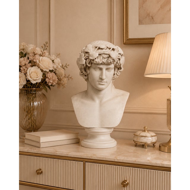 Classical Roman Hand-Carved Natural Marble Bust Sculpture – Portrait of Antinous For Sale - Image 3 of 5