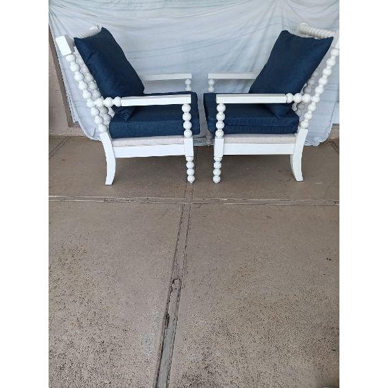 1990s Coastal Wood White Arm Chair With Blue Cushion Set of 2 For Sale - Image 4 of 6