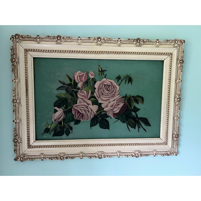 Antique Hand-Painted on Glass Pink Roses-Ornate Gesso Frame For Sale - Image 4 of 9