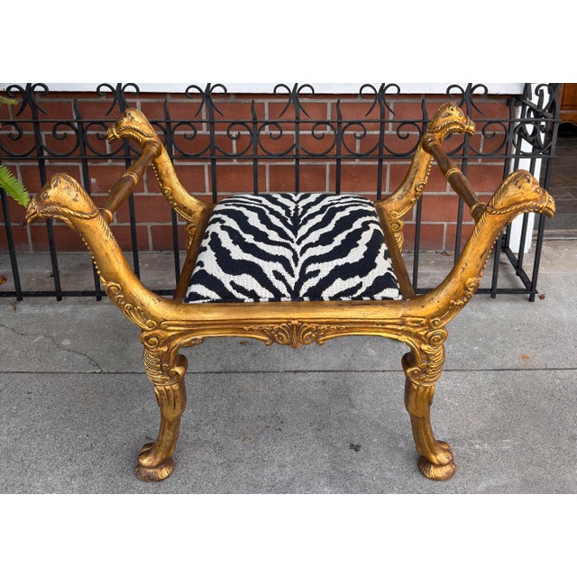 Traditional Antique Regency Giltwood Camel Head Bench With Clarence House Zebra Seat - 1 of 2 For Sale - Image 3 of 8