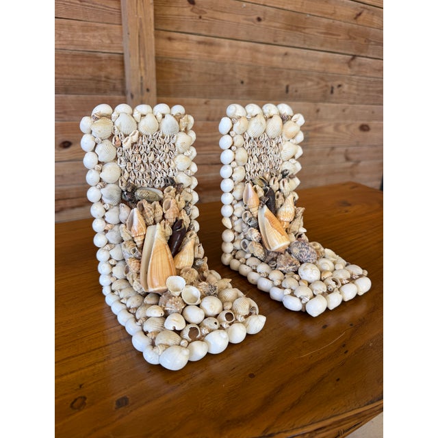 1970s Pair Vintage Handcrafted Coastal Seashell Encrusted Coastal Bookends For Sale - Image 5 of 12