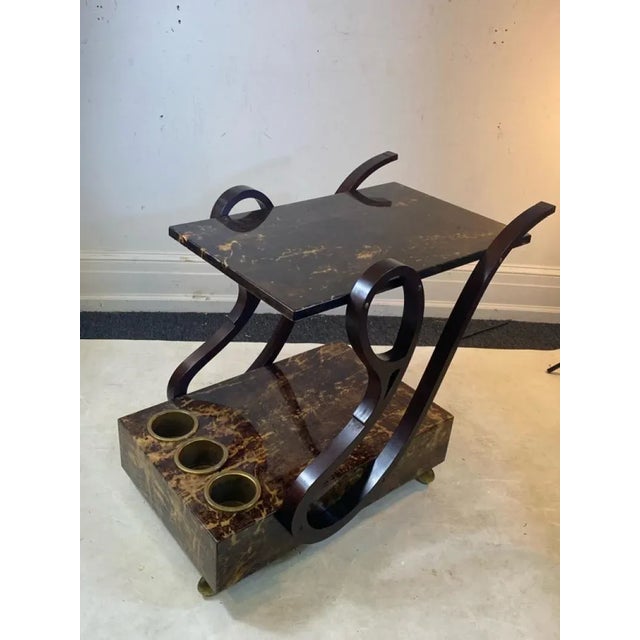 Deep Tortoise Shell Color Double Tier Goatskin Bar Cart With Stylish Mahogany Handles And Three Brass Bottle Holders...