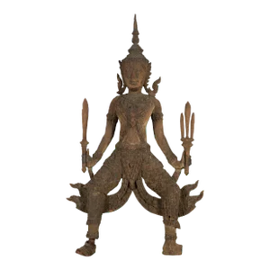 Mid 19th Century Hand-Carved Wooden Thai Warrior Ready for Battle Temple Sculpture