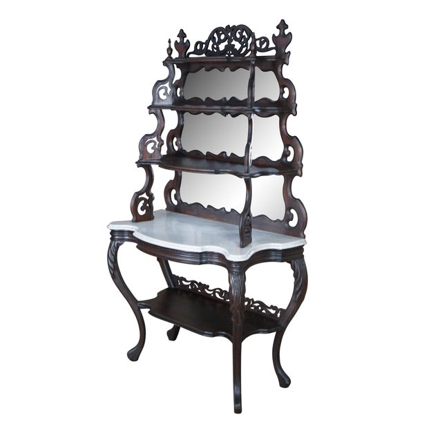 Rococo Antique Victorian Rosewood Marble Rococo Tiered Etagere Display Shelf For Sale - Image 3 of 12