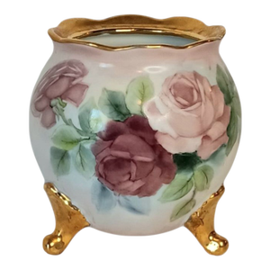 VTG Floral Handpainted Porcelain Jardiniere Rose Bowl Vase Gold Three Footed 5"