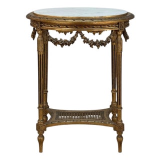Antique French Louis XVI Giltwood Oval Side Table With Carrara Marble Top For Sale
