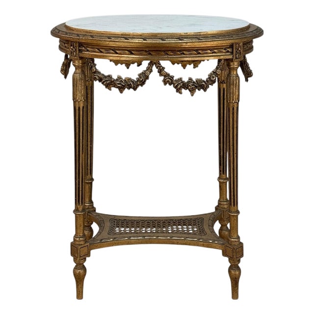 Antique French Louis XVI Giltwood Oval Side Table With Carrara Marble Top For Sale
