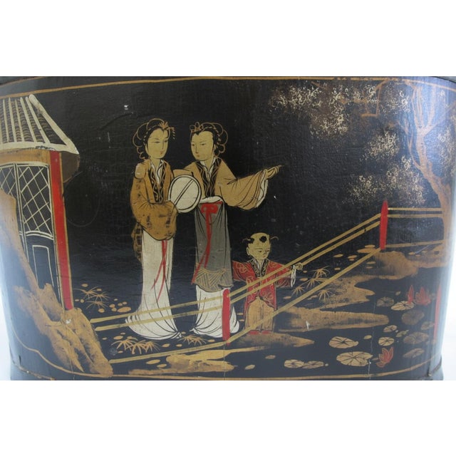 Chinoiserie Antique Chinoiserie Chinese Hand Painted Lacquer Wood Rice Bin Box With Lid For Sale - Image 3 of 14
