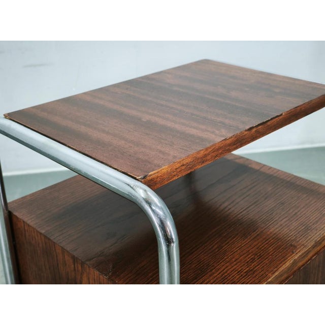 Bauhaus Tubular Chrome and Oak Nightstand, Former Czechoslovakia, 1940s For Sale - Image 4 of 14