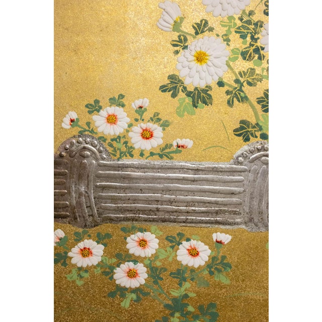 Japanese Rimpa Two-Panel Screen With Chrysanthemums and Silver Twig Fence, Late 19th Century For Sale - Image 4 of 10