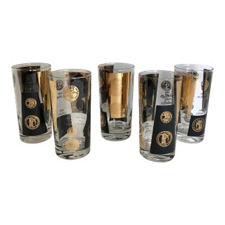 Mid 20th Century Set of 5 Cera Tall 22k Gold and Black Glasses For Sale
