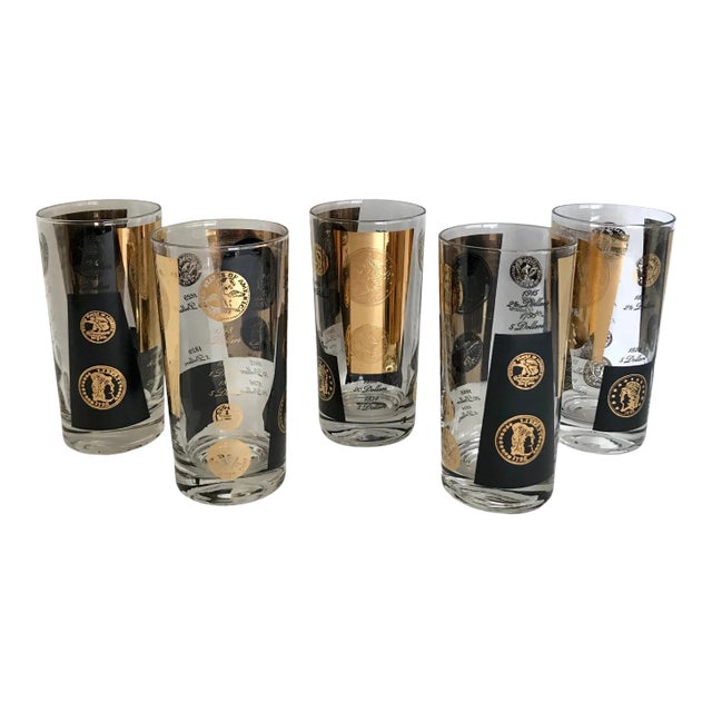 Mid 20th Century Set of 5 Cera Tall 22k Gold and Black Glasses For Sale