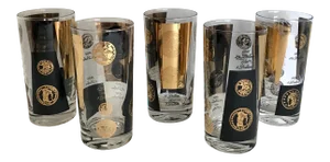 Mid 20th Century Set of 5 Cera Tall 22k Gold and Black Glasses