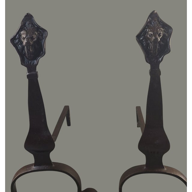 Black Antique Arts & Crafts Hand Forged Iron Figural Lions Head Fireplace Andirons Marked- a Pair For Sale - Image 8 of 11