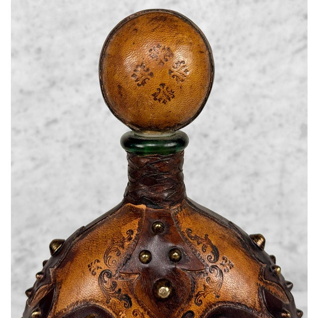 Brown Vintage Italian Tooled Leather Wrapped Cognac Liquor Decanter W/ Stopper For Sale - Image 8 of 10