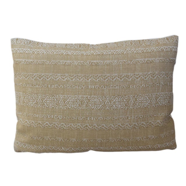 Custom-tailored pillow in designer Kerry Joyce's "Sawyer Stripe" cotton print fabric. Off-white velvet fabric back. Knife...