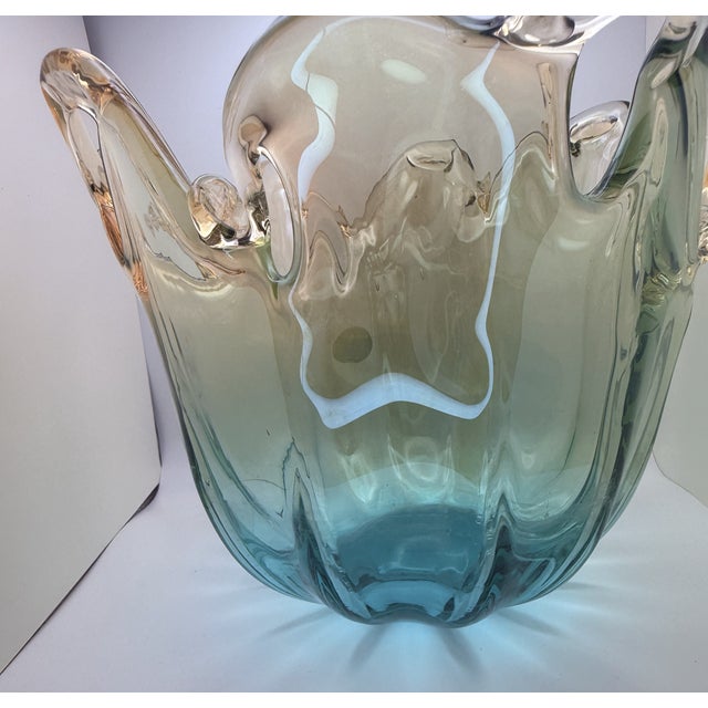 Handmade Italian White Crystal Green Gradient Vase W/ Murano Stickers