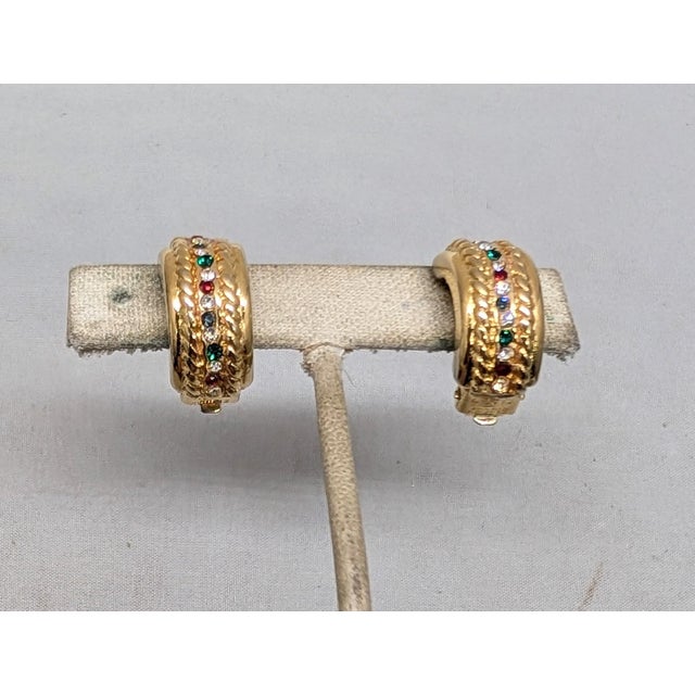 Italian Vintage Signed Bijoux Cascio Italy Faux-Ruby, Sapphire, Emerald & Clear Rhinestone Half Hoop Clip Earrings-2 Pieces For Sale - Image 3 of 8